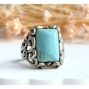Natural Turquoise Rectangular Southwest Vintage Sterling Silver Ring - sz 8
